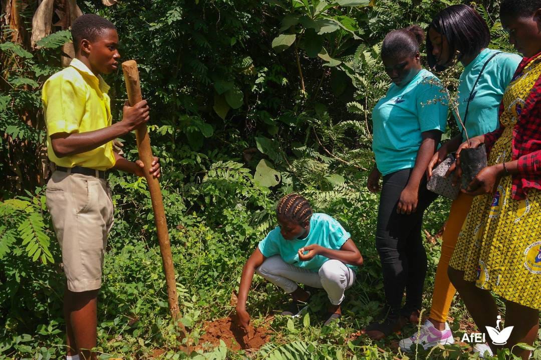 A student holding a digging stick beside facilitators planting at a wooded site, image 3 of 12